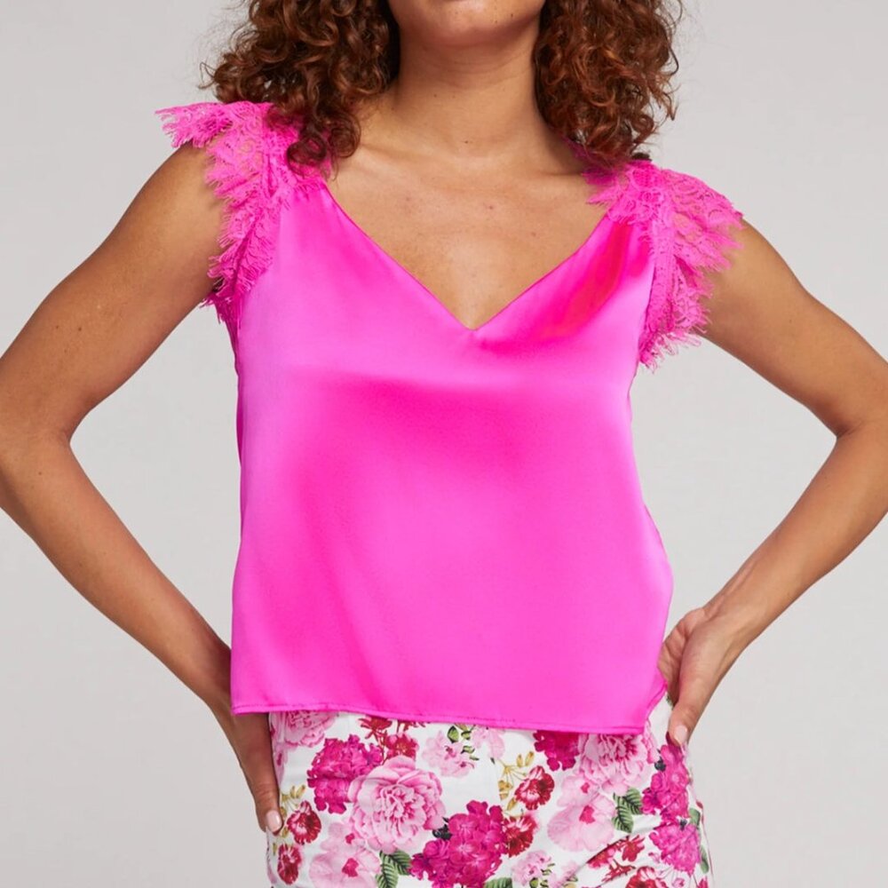 NEW GENERATION LOVE Arcelia Lace Combo Silk Top Hot Pink Size XL